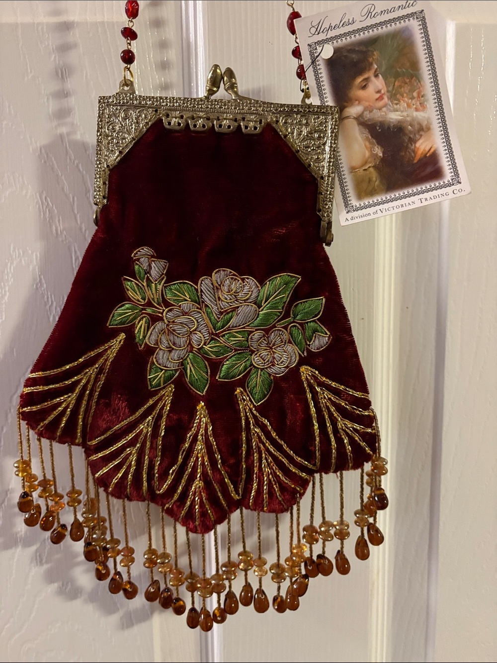 Vintage Beaded Burgundy Floral Velveteen & Brocade Evening Shoulder Bag - Picture 2 of 11